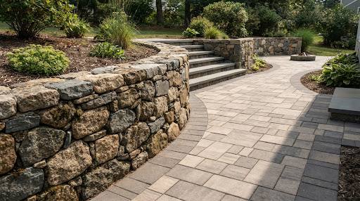 Natural stone retaining wall meeting a newly laid geometric paver patio.